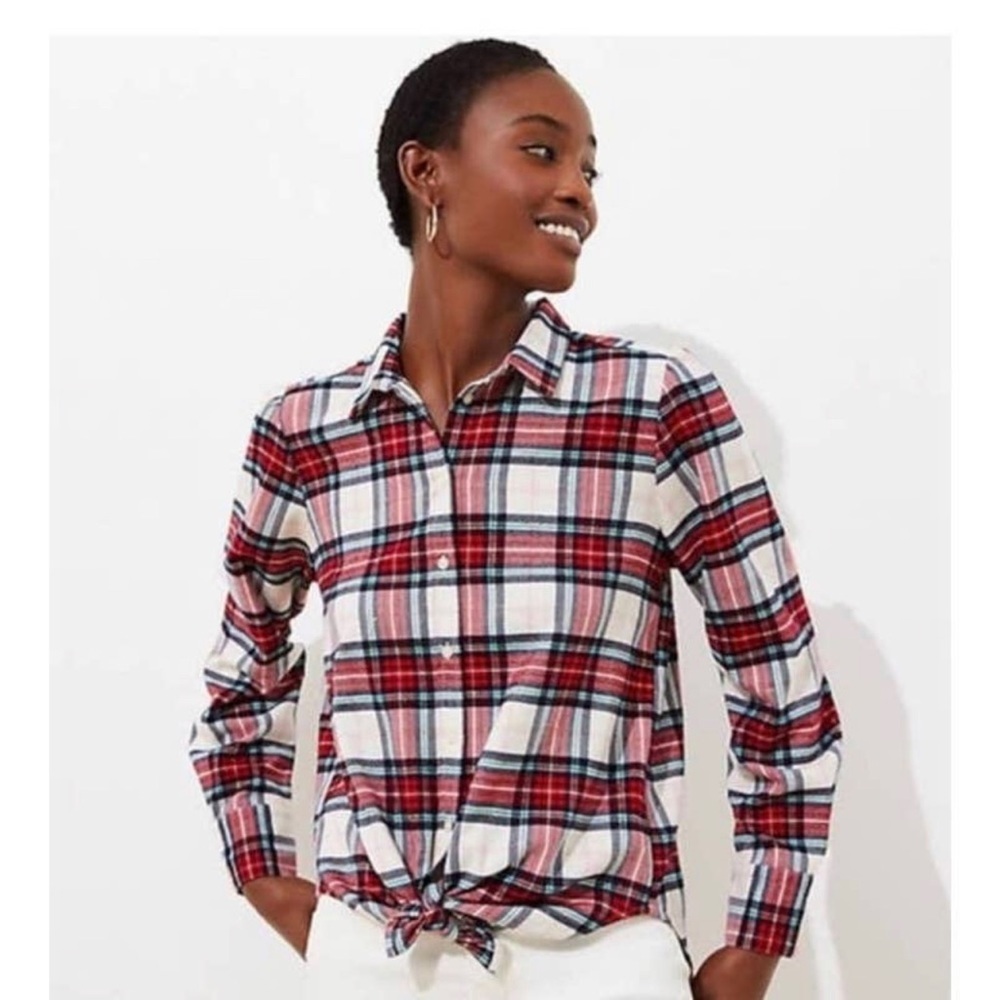 Loft Plaid Puff Long Sleeve Button Up Shirt Red Metallic Fiber Size M